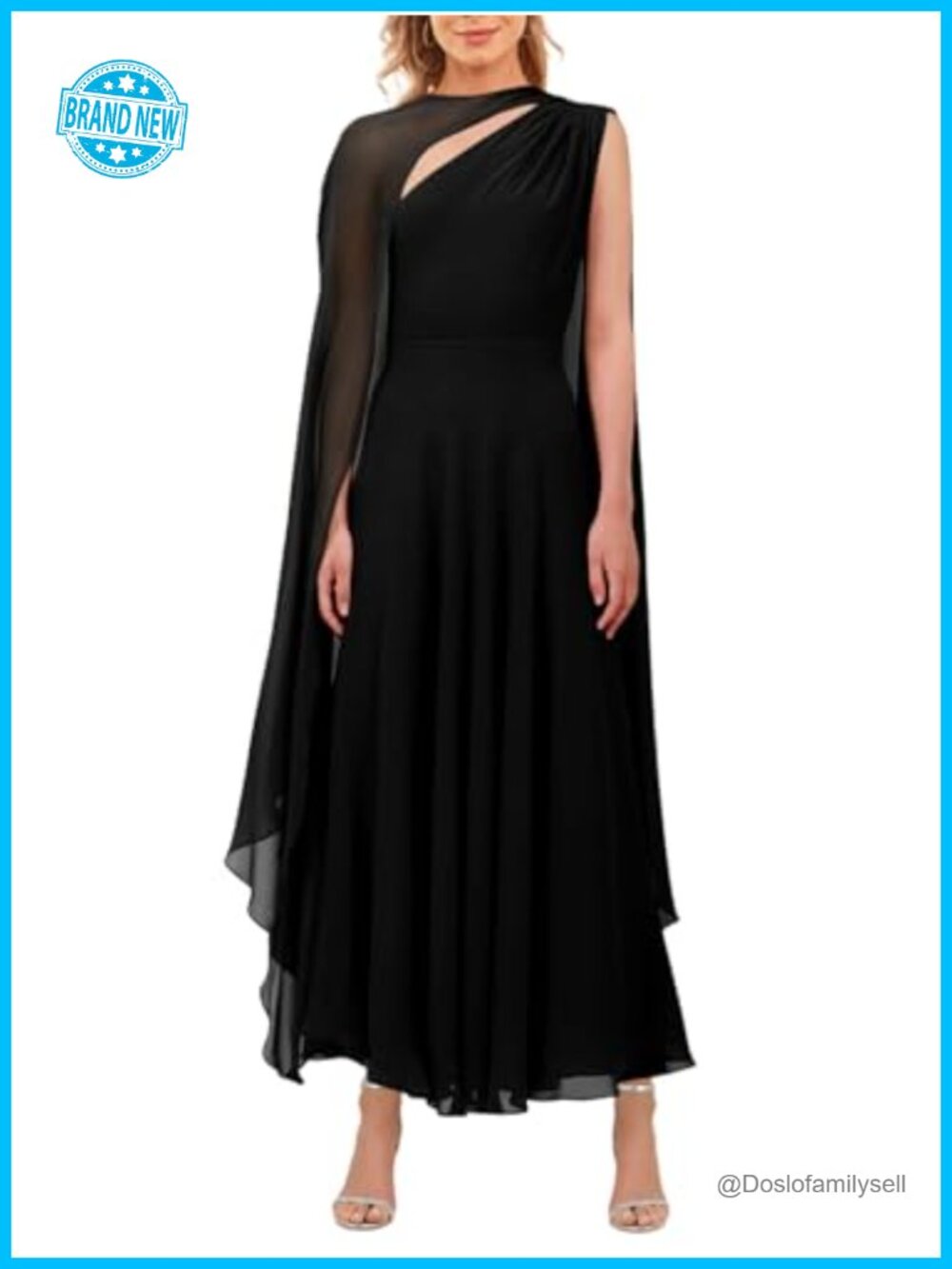 One Shoulder A-Line Flowy Maxi Dress with Cape Sleeve Formal Evening Gown